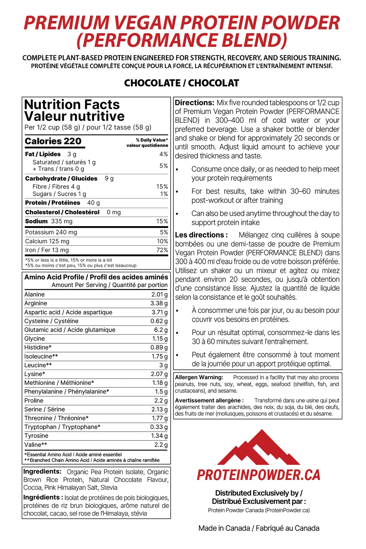 Premium Vegan Protein Powder Performance Blend Chocolate Nutrition Facts