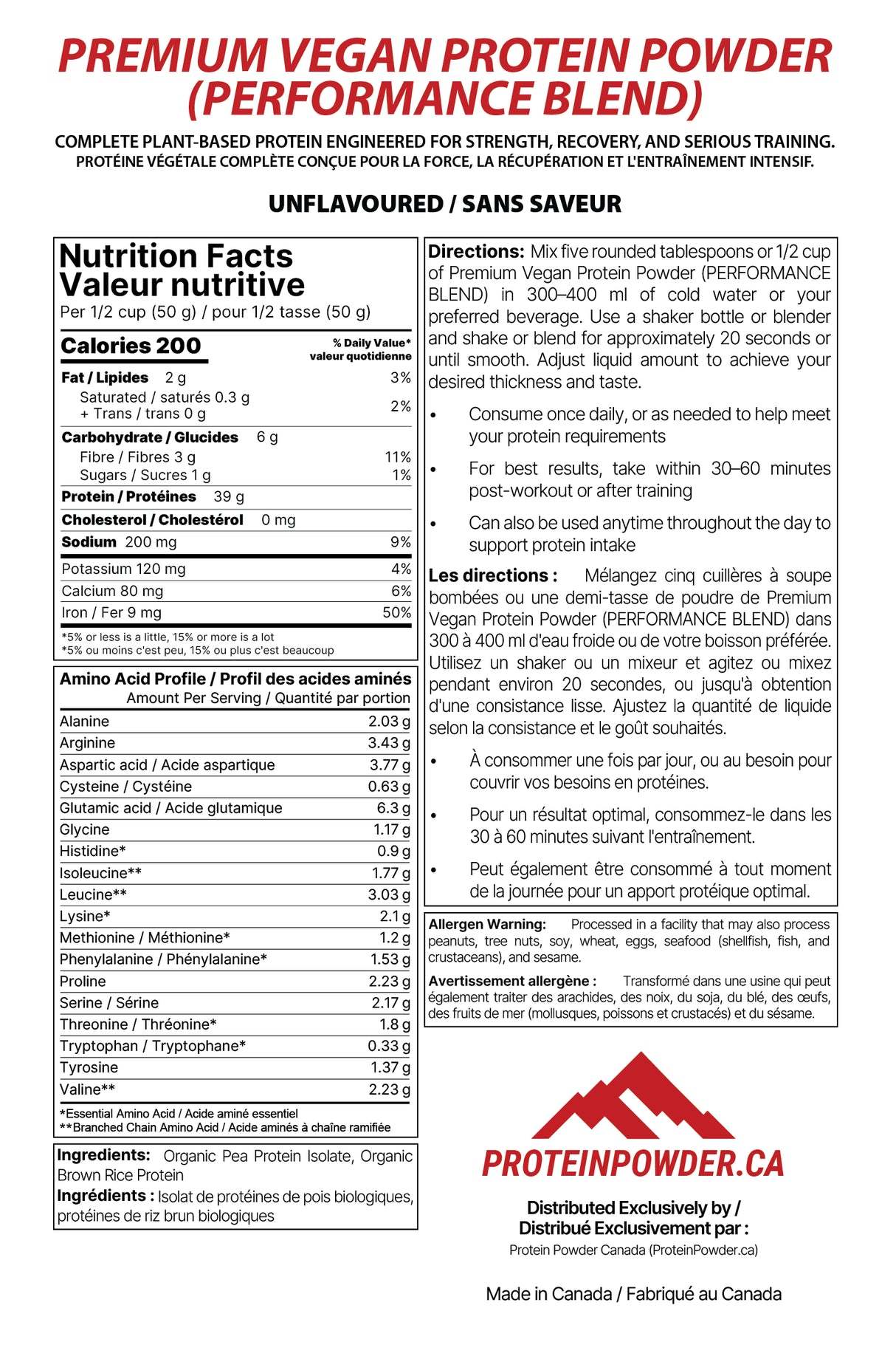 Premium Vegan Protein Powder Performance Blend Unflavoured Nutrition Facts