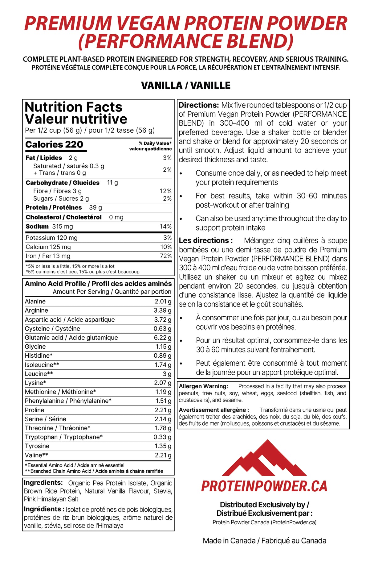 Premium Vegan Protein Powder Performance Blend Vanilla Nutrition Facts